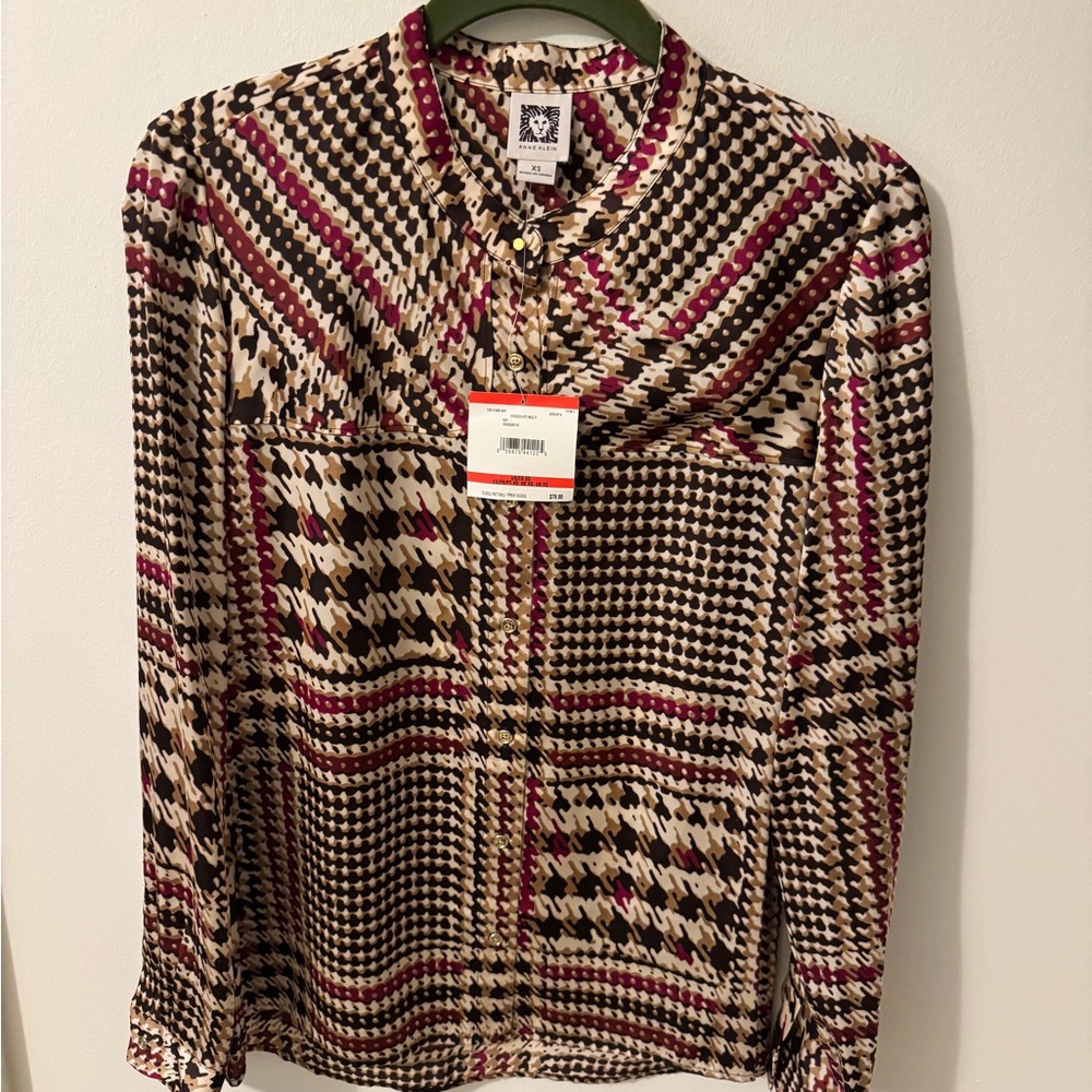 Anne Klein Brown multicolor gold Button Down Shirt with Mandarin Collar size XS